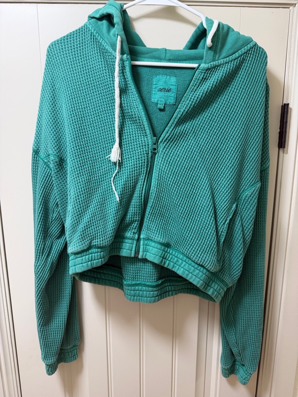 aerie Teal Waffle-Knit Hooded Zip Cropped Sweatshirt